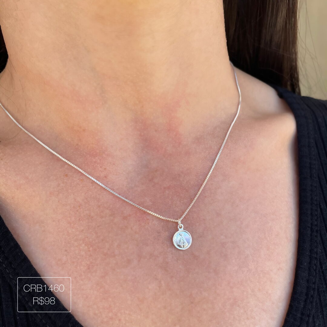 Colar Nossa Senhora Aparecida Redonda PP Liso Prateado